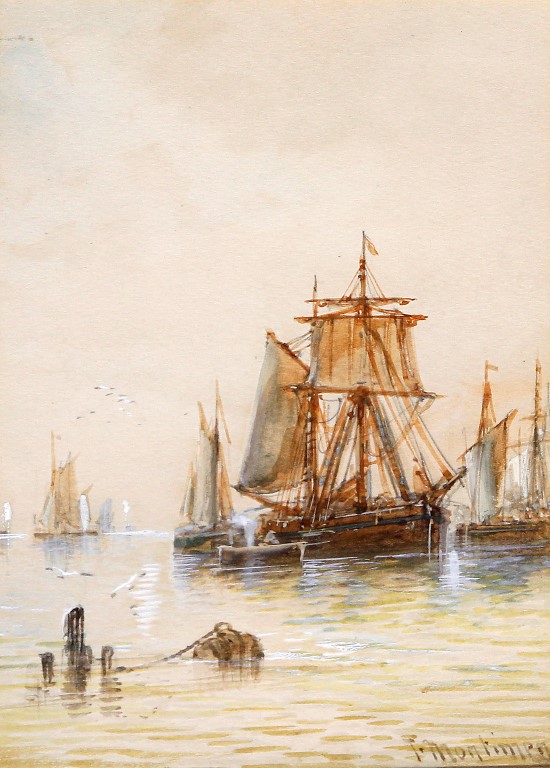 Continental school, a watercolour depicting mastered ships in a port indistinctly signed T.