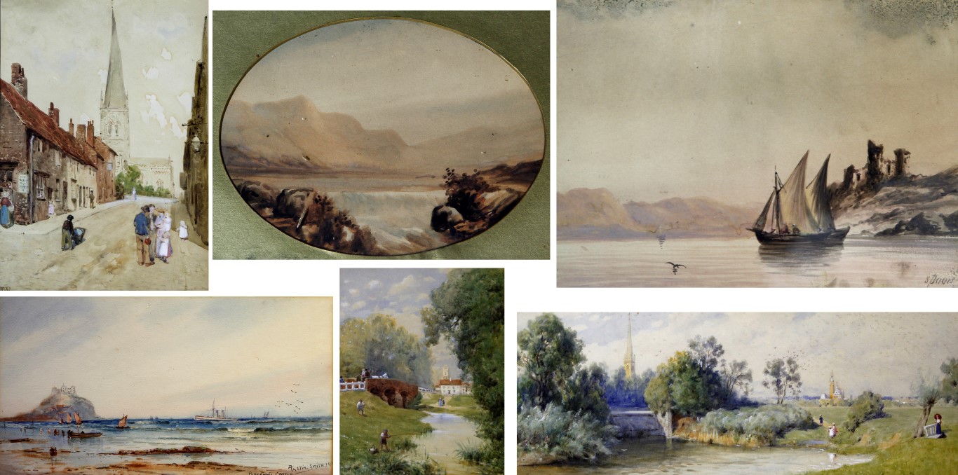 Six late Victorian/Edwardian watercolours - comprising a panoramic river landscape by Horis van