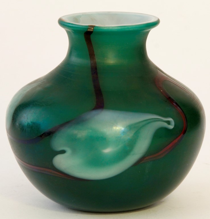 John Ditchfield studio opaque and green glass vase of bulbous form, having spiralling decoration