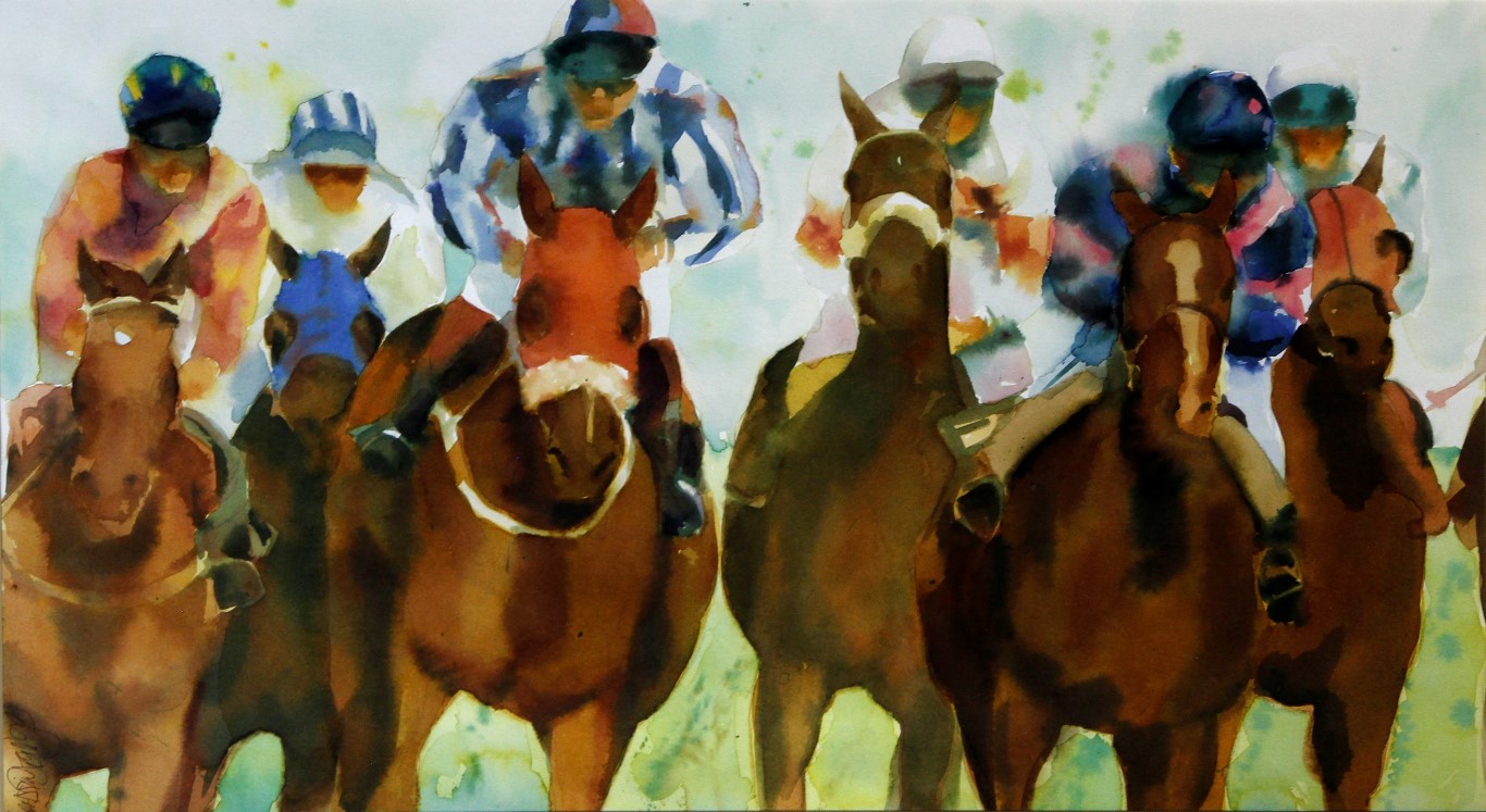 Alan Brassington (British b.1959) - 'Six mounted jockeys racing', watercolour, signed, approx