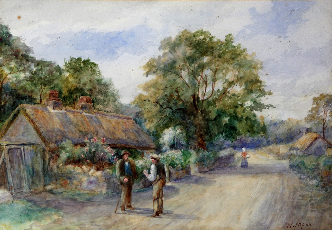 English School (19th/20th century), signed W. Moss, depicting figures on a rural path flanked by