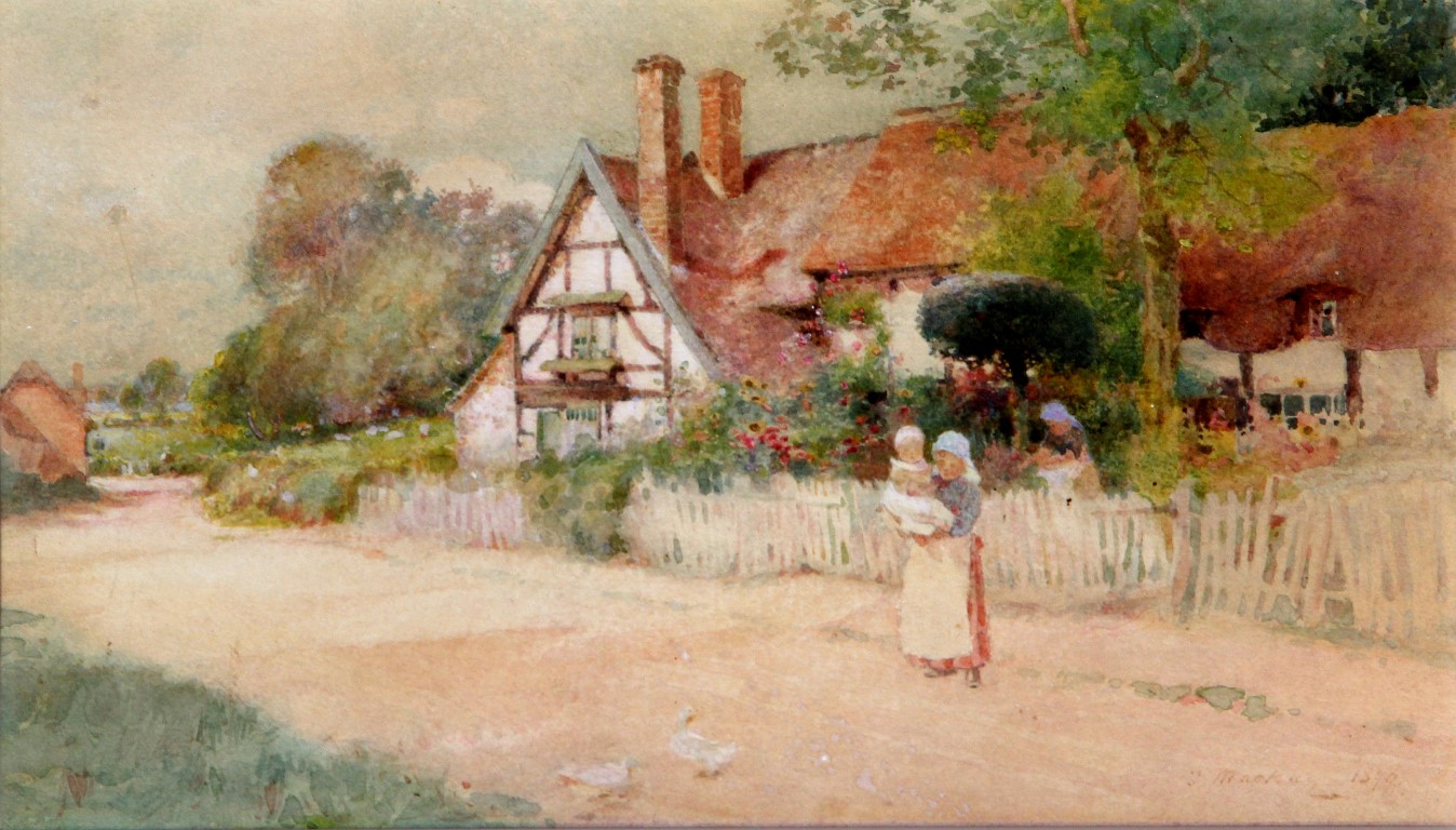 Thomas MacKay (British, exh. 1893 - 1912) - 'Village Street Scene with Mother and Infant outside a