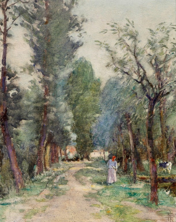 Nathaniel Hughes John Baird ROI (Scottish, 1865 - 1936) - "French Tree Lined Avenue", watercolour,