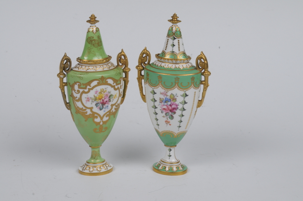 TWO ROYAL CROWN DERBY TWO HANDLED VASES, 1906, with bell shape covers, apple green ground the