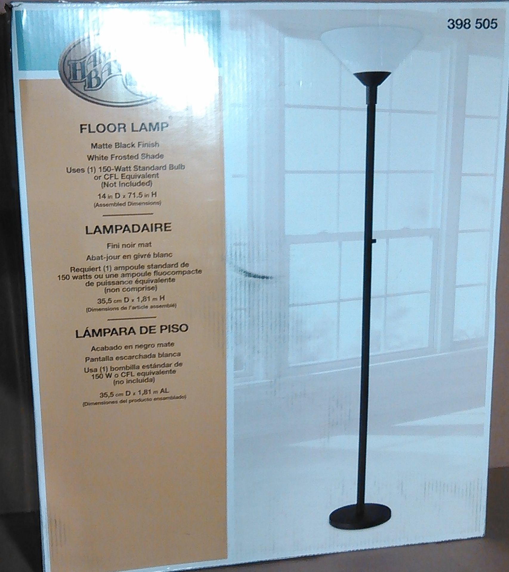 Hampton Bay Floor Lamp, Black Finish with White Shade 14" Deep x 71.5" High. Retail in Major Home