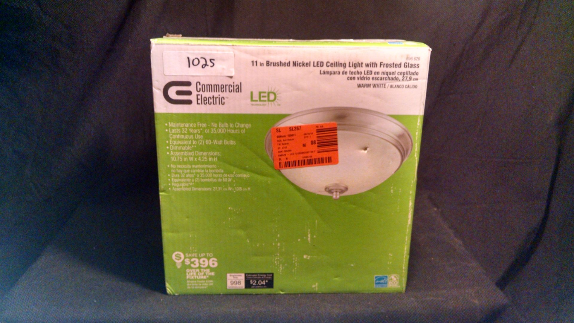 COMMERCIAL ELECTRIC 11" BRUSHED NICKEL LED CEILING LIGHT WITH FROSTED GLASS. RETAIL IN MAJOR HOME