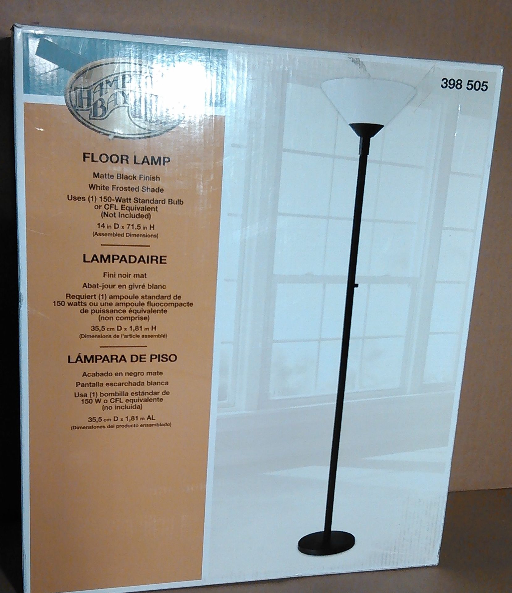 Hampton Bay Floor Lamp, Black Finish with White Shade 14" Deep x 71.5H" High. Retail in Major Home
