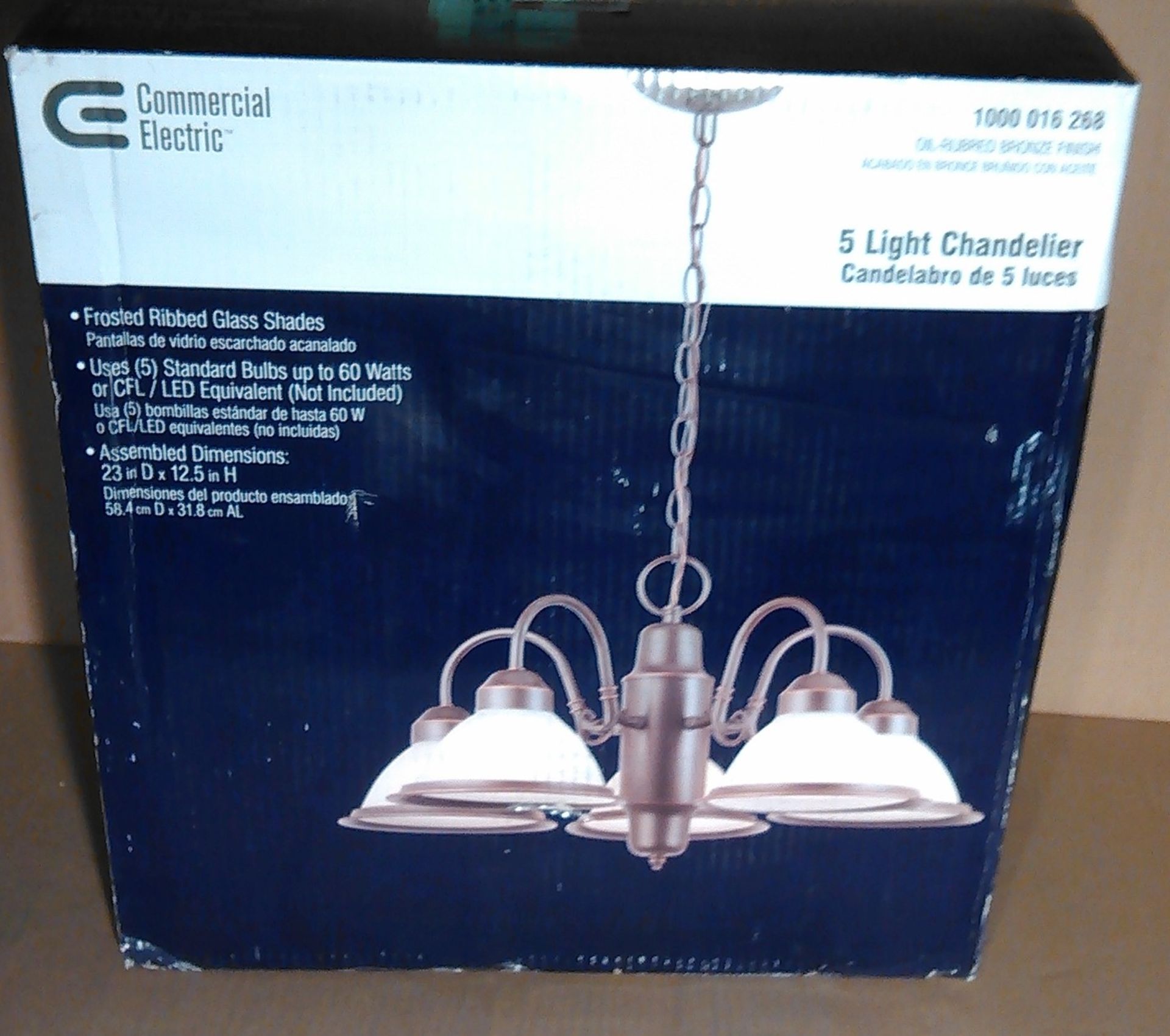 Commercial Electric 5 Light Chandelier, Oil-Rubbed Bronze finish, Frosted Ribbed Glass Shade, 23"