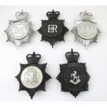 BRITISH POLICE HELMET PLATES Lot of five Queens crown helmet plates including Kent, Durham,