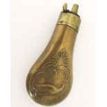 19th CENTURY PISTOL POWDER FLASK A good example with embossed pheasant and classical scrolling.