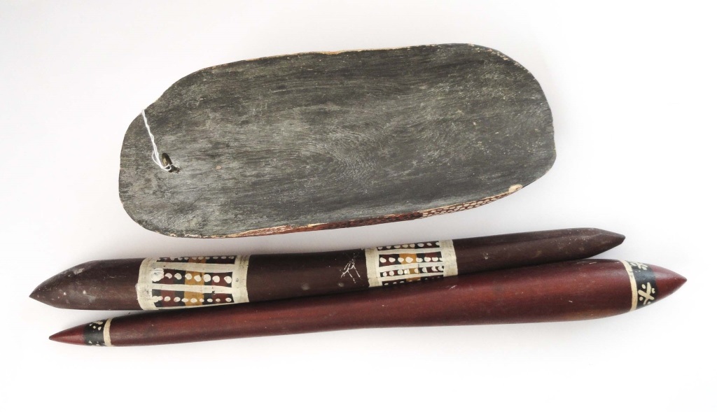 AUSTRALIAN ABORIGINAL ITEMS  Two painted hard wood clubs and a painted driftwood - Image 2 of 2