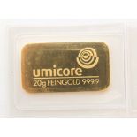 1x UMICORE 20g .999 FINE GOLD BULLION BAR One sealed 20g .999 fine gold bar.