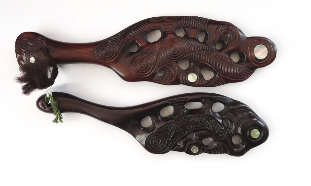 TWO PIERCED MAORI WAR CLUBS Two hard wood clubs with mother of pearl inlay. - Image 2 of 2