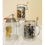 3x GERMAN GLASS STEINS Two clear glass steins with applied designs and a similar milk glass example,