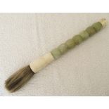 CHINESE GREEN JADE & BONE PAINT BRUSH Large brush with seven large jade beads, Bone finial and guard