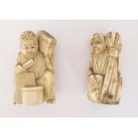 2 HIPPO TOOTH IVORY JAPANESE OKIMONO Two carved hippopotamus Ivory seated figures in the form of a