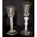 18th CENTURY AIR TWIST STEM WINE GLASS AND A CORDIAL GLASS Georgian, English, plain bell shaped