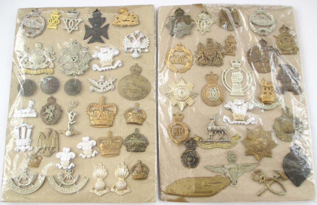 55 BRITISH ARMY BADGES A good mixed lot of cap and collar badges and sundry other items on two