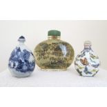 THREE CHINESE SNUFF BOTTLES Small lot of Chinese snuff bottles including a ceramic example with