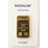 1x METALOR 1oz .999 FINE GOLD BULLION BAR One sealed 1oz .999 fine gold bar.