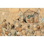 Anton Pieck
(Den Helder 1895 - Overveen 1987)
Puppet show on the Dam square
Signed l.r.
Watercolour,