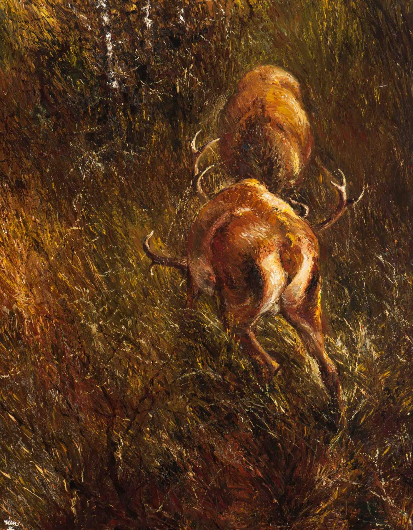 Rien Poortvliet 
(Schiedam 1932 - Soest 1995)
Duelling red deer stags
Signed l.l. 
Oil on canvas,