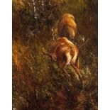 Rien Poortvliet 
(Schiedam 1932 - Soest 1995)
Duelling red deer stags
Signed l.l. 
Oil on canvas,