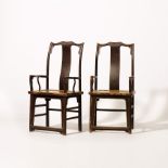 A pair of lacquered Ming-style yumu wooden armchairs