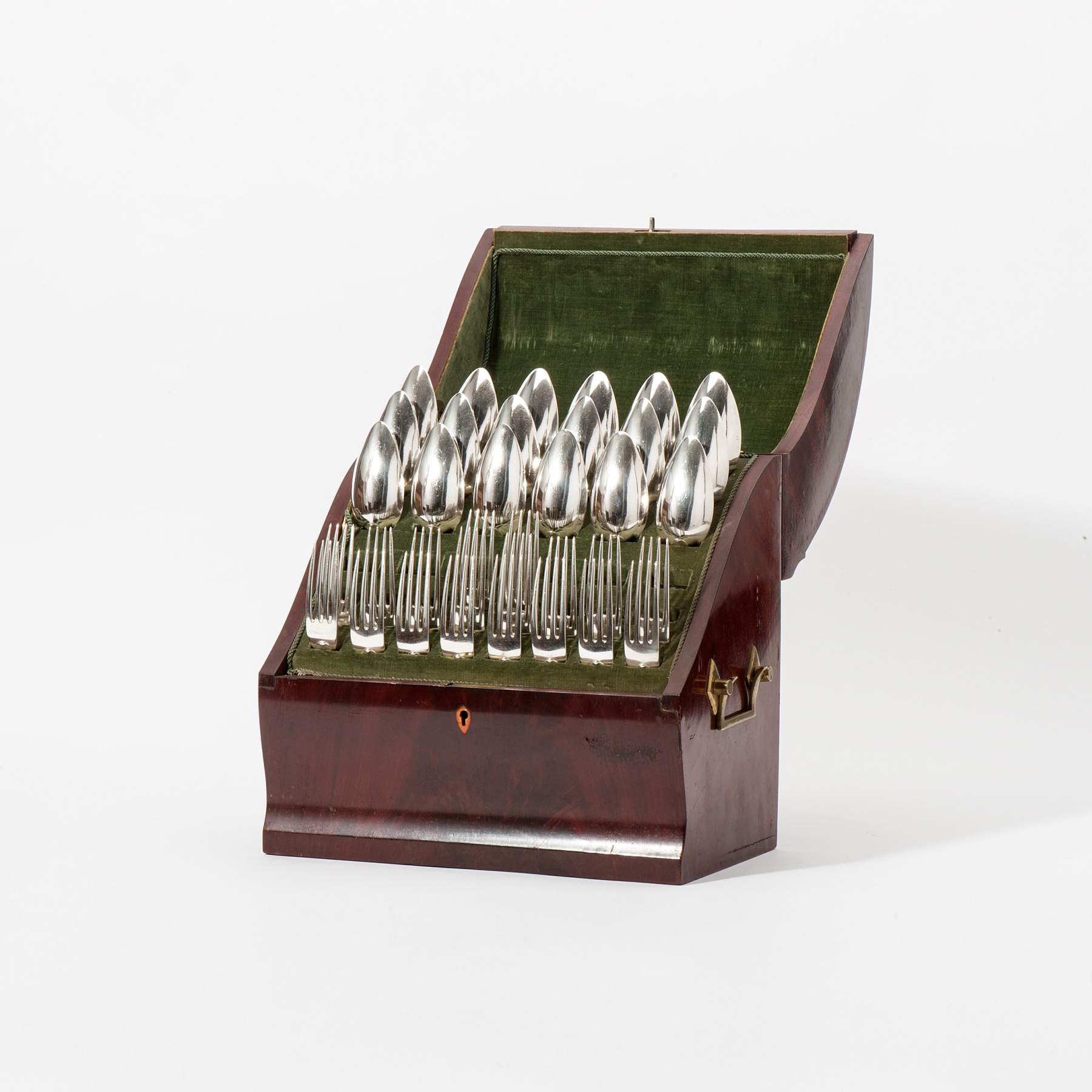 A mahogany cutlery box containing eighteen silver cutlery sets