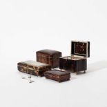 Two tortoiseshell tea caddies, two tortoiseshell spoon boxes and twelve silver forks