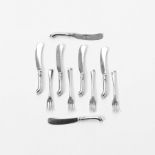 A series of six miniature silver pistol handle knives and four forks