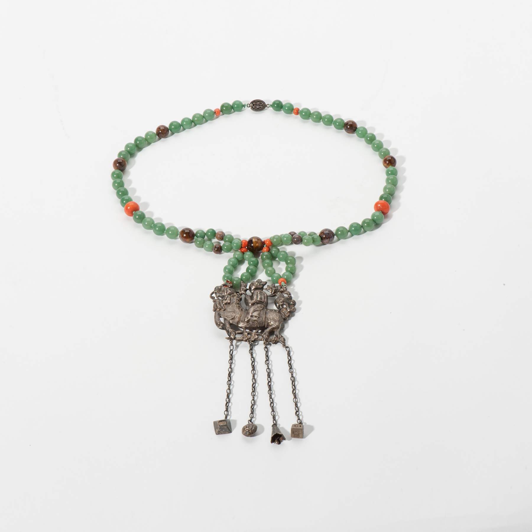 A red coral, tiger's eye and jadeite necklace