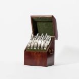 A mahogany cutlery box with eighteen sets of silver dessert cutlery