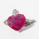 An 18 carat white gold necklace with ruby and diamond pendant  20th century The heart-shaped cut