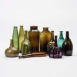 A combined lot glassware  18th century and later Including a flat brown Iranian bottle with glass
