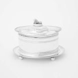 An oval silver tobacco pot with lid on fixed stand Amsterdam, 1819, Albertus Homan Openwork rim,