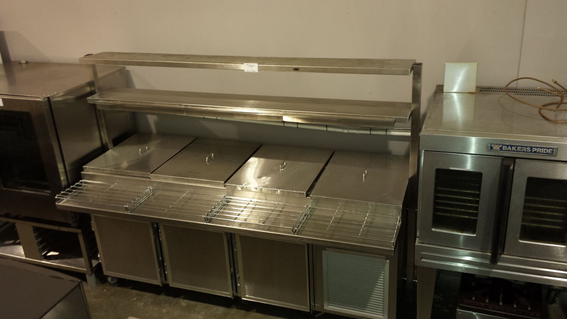 Bright Works custom 95 x 47" stainless steel Pizza Prep Table.  Complete with 2 tier over shelf,