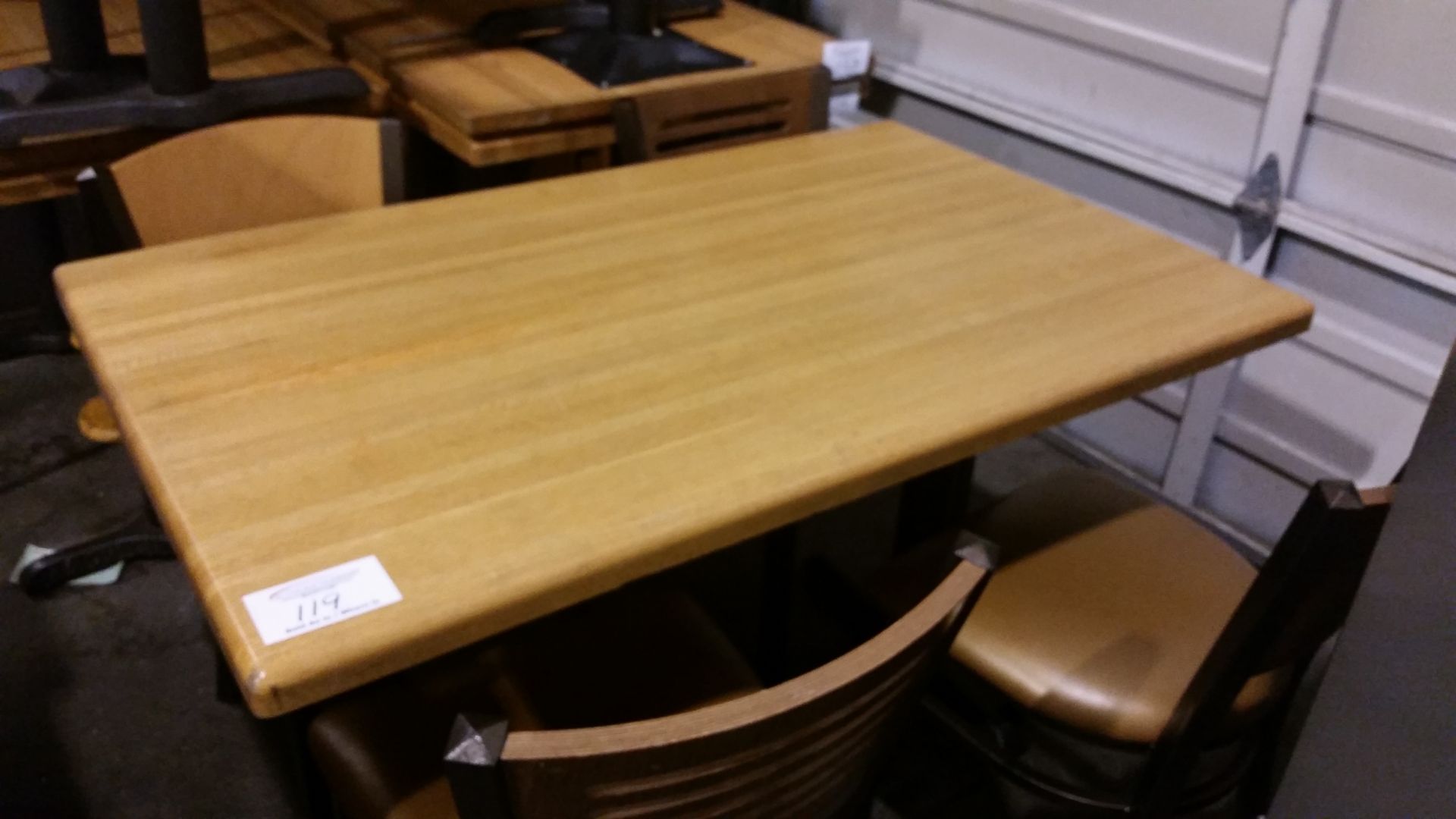 30 x 48" Oak top table with 4 metal padded chairs