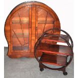 A walnut Art Deco display cabinet with sunrise glazed doors, height 128cm and a three tier Art