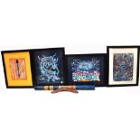 Four modern Aboriginal prints, a didgeridoo and a small boomerang (6). CONDITION REPORT Phillip