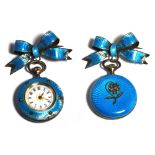 A late 19th century Continental white metal and pale blue guilloché enamel decorated fob watch on