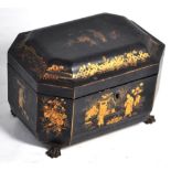 A Regency black chinoiserie lacquer workbox on claw feet, 17 x 22cm and a 19th century wooden zinc