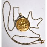 A Victoria full sovereign, 1890 in scrolling gold mount suspended on a yellow metal chain, approx