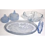 An Art Deco style pale blue frosted glass dressing table set comprising moulded glass tray with