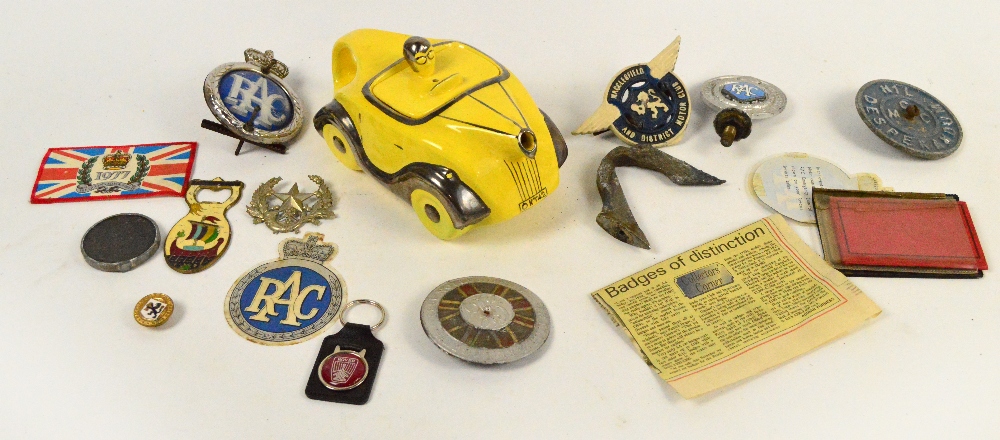 A mixed lot to include five car badges including two for the RAC and one for the Macclesfield and