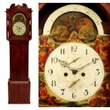 An early 19th century mahogany longcase clock, the hood with broken swan neck pediment above painted