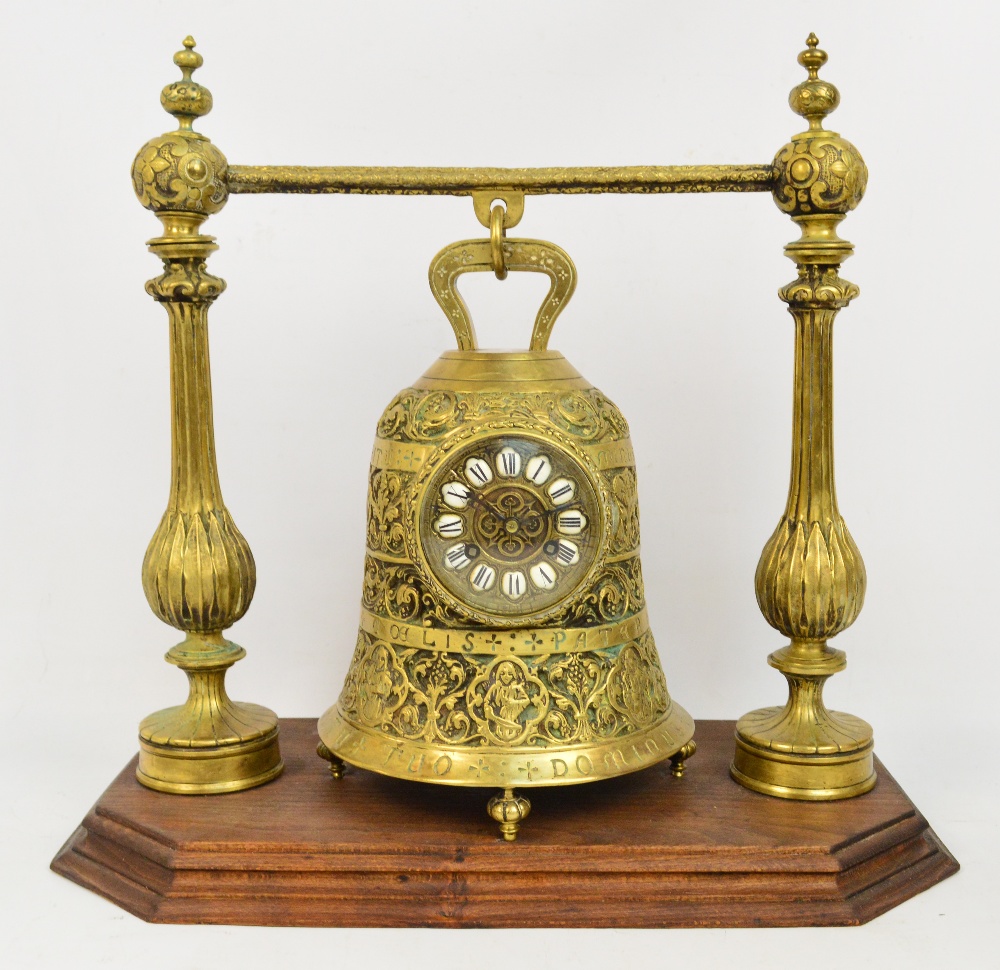 An unusual late 19th century French brass mantel clock, the bell shaped main clock section with - Image 2 of 4