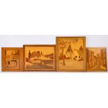 A marquetry panel of thatched cottages w