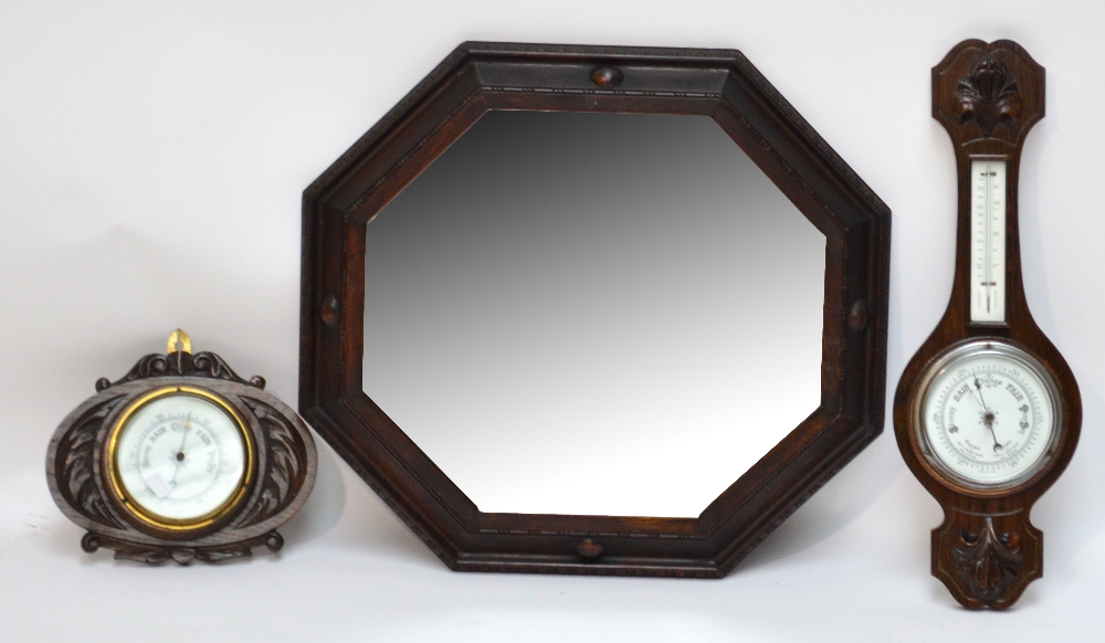A carved oak small wheel barometer, a fu