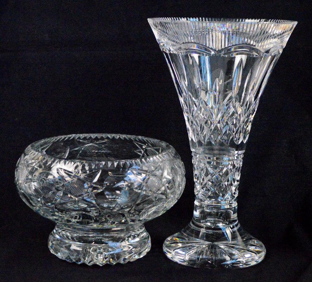 A large Waterford cut glass trumpet shaped vase on spreading circular foot, height 36cm, and a